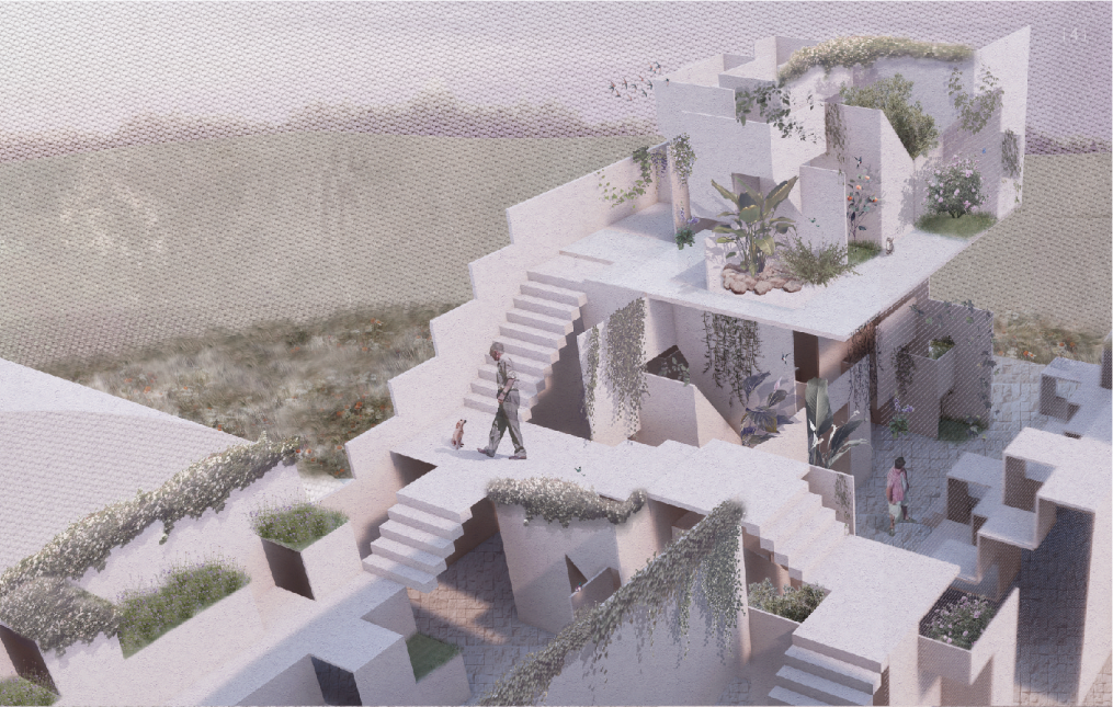 Terraced Memorial Spaces – A modern interpretation of cemetery architecture, blending vegetation and spatial design to create a harmonious resting place.