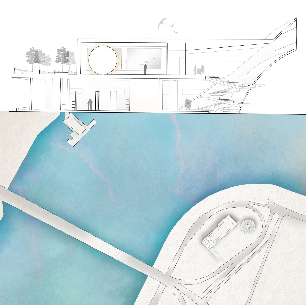 Sectional Insights – A detailed cross-section showcasing the spatial organization and celestial observatory.