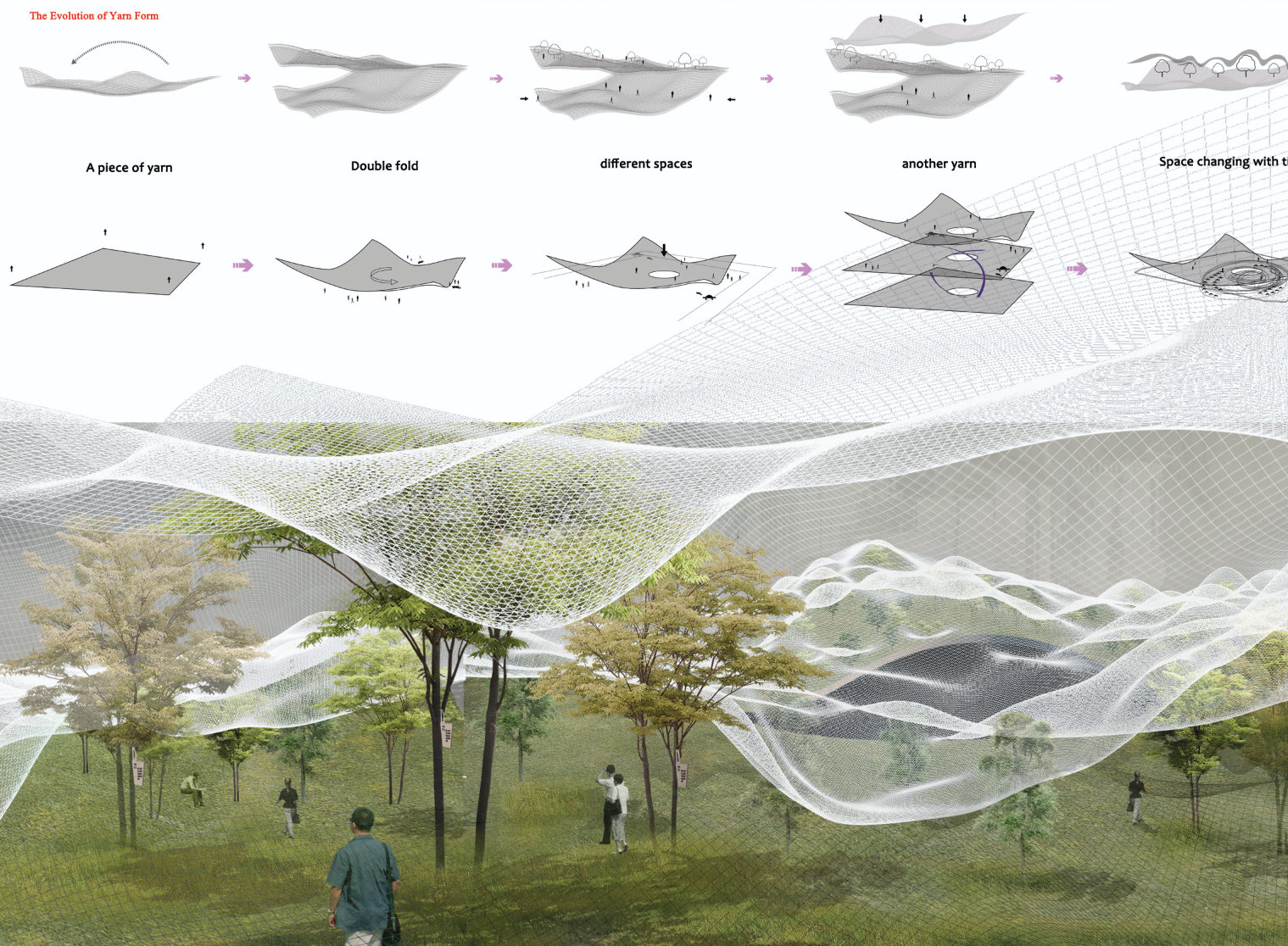 A Living Memorial – Trees and greenery interwoven with an airy, net-like structure for a sustainable future.
