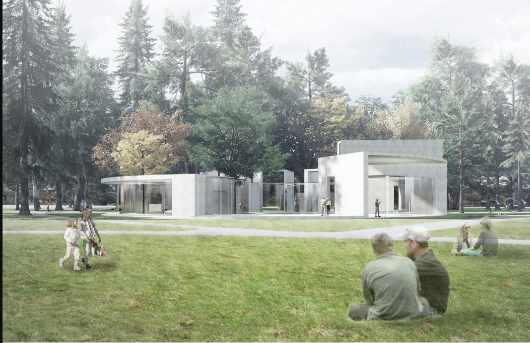 A serene architectural intervention nestled within the park, inviting all generations to connect through shared space.