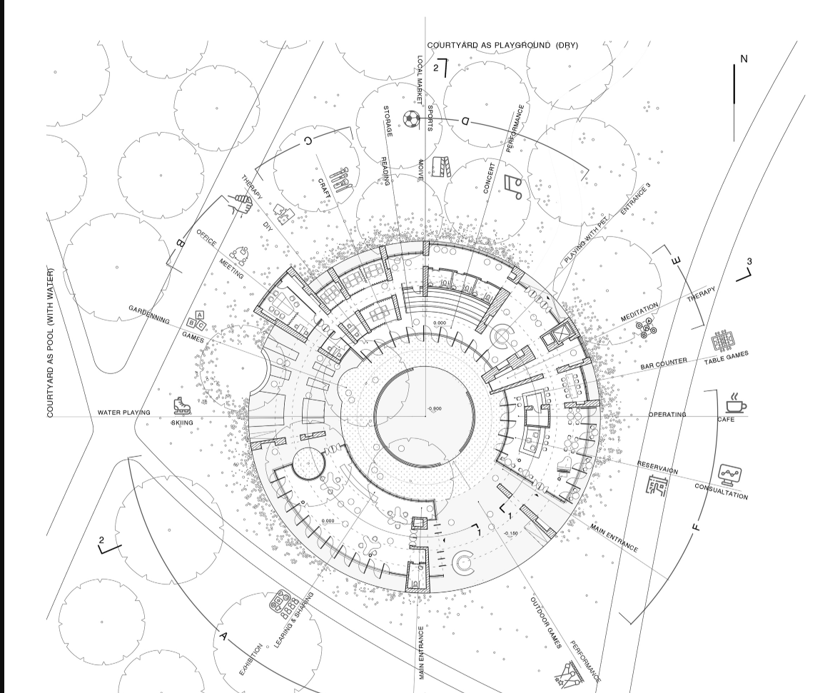 An inclusive radial layout organizes diverse programs around a central courtyard that encourages spontaneous interaction.