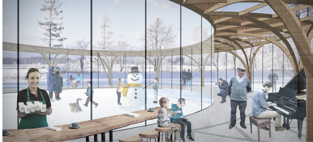 Interior view through floor-to-ceiling glazing overlooking a winter skating scene with snowman