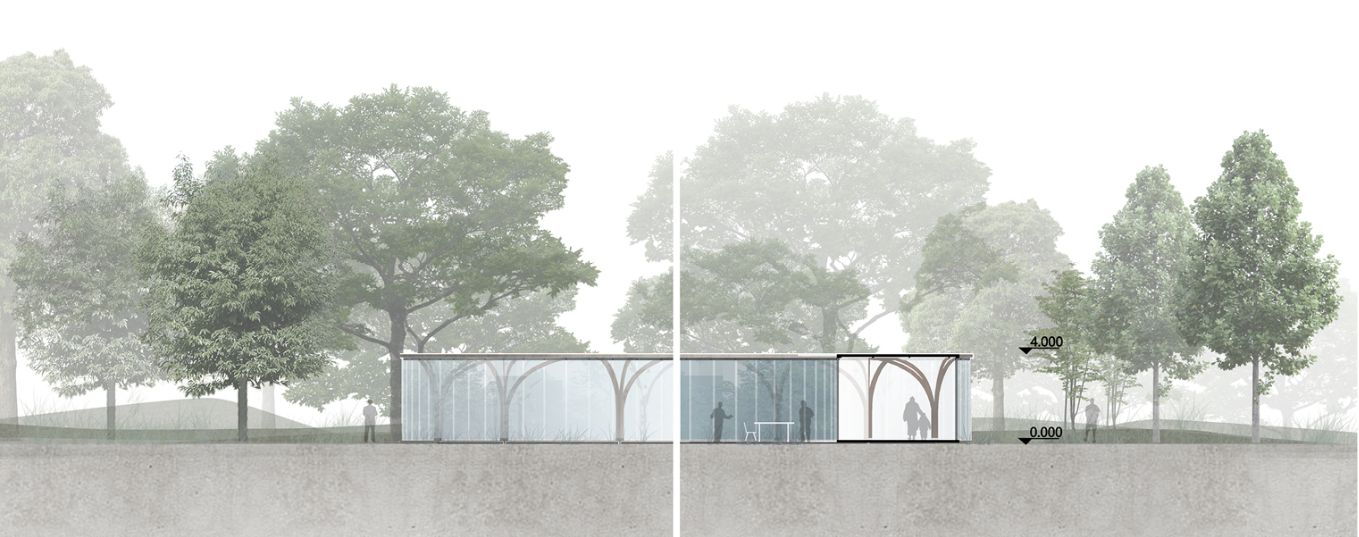 Section drawing showing the pavilion with arched timber structure among mature trees