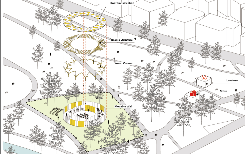 Axonometric drawing showing the pavilion roof construction with radial beams and timber columns