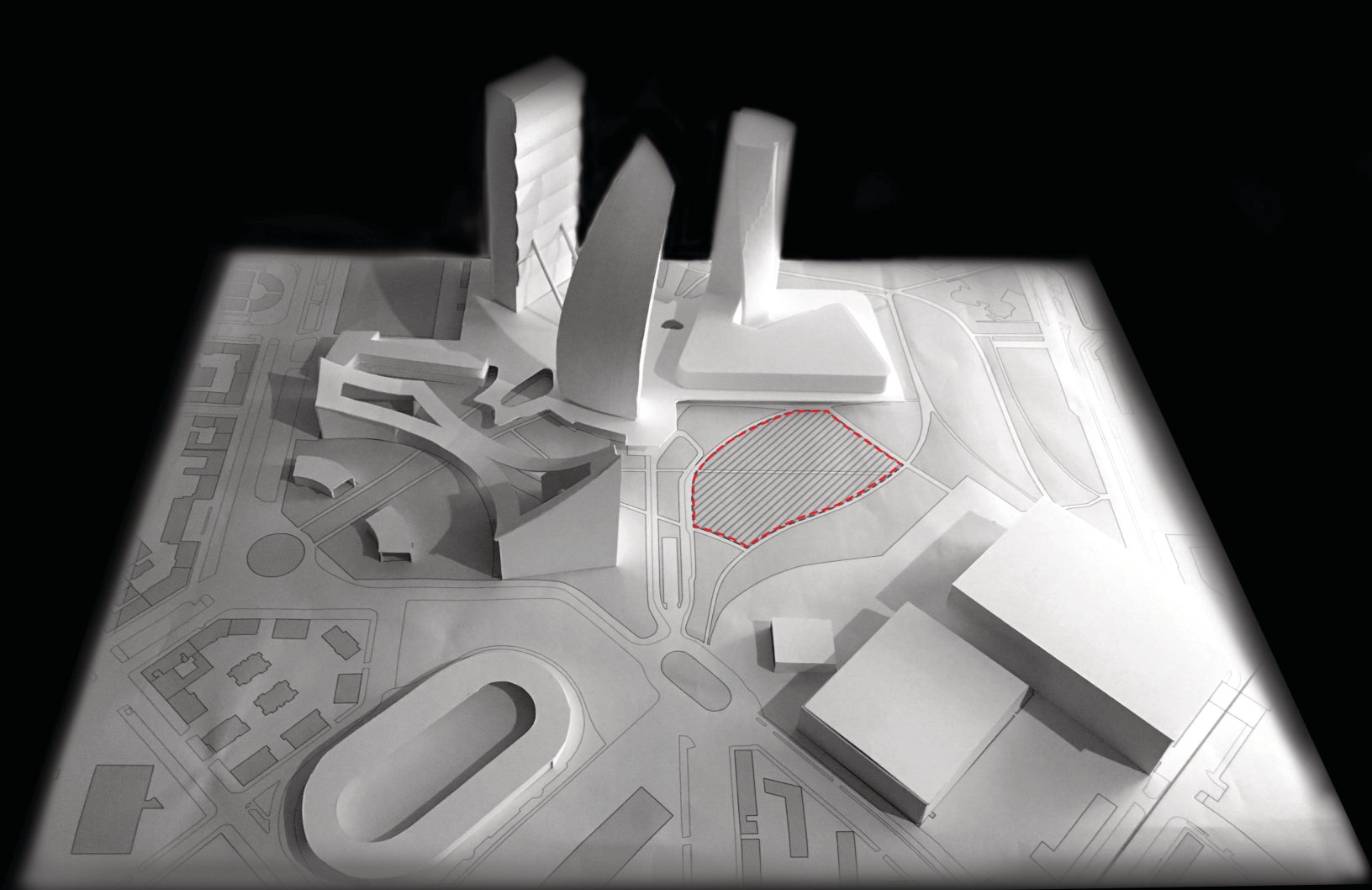 Aerial view of the CityLife site with the proposed intervention zone outlined — integrating architecture below ground.