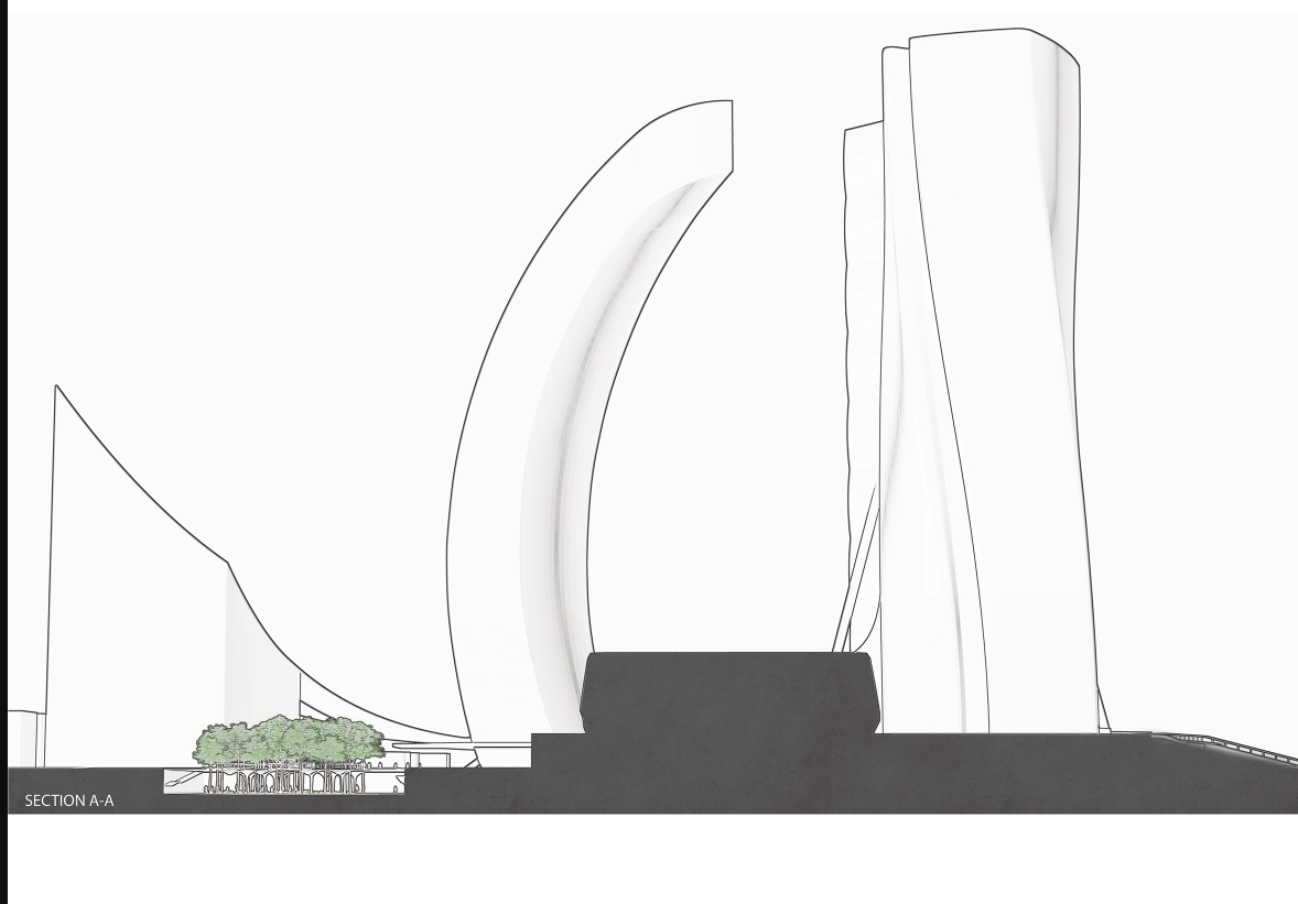 Elevation cut showing the relationship between park trees and the flexible column-based structure below.