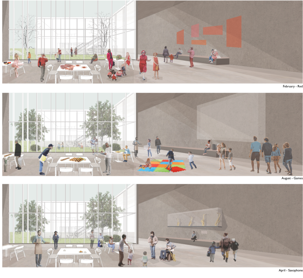 Monthly transformations in the café invite community engagement—from color installations to live music and playful activities.