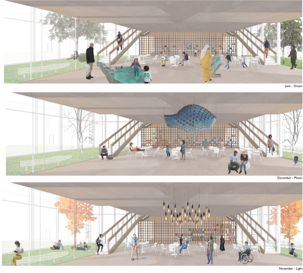 The reading room transforms each month—immersing visitors in themes of ocean, plastic, and light through tactile, visual design.