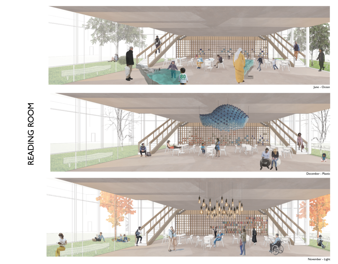 The reading room transcends books, transforming monthly with tactile and visual experiences—from oceans to plastics to light.