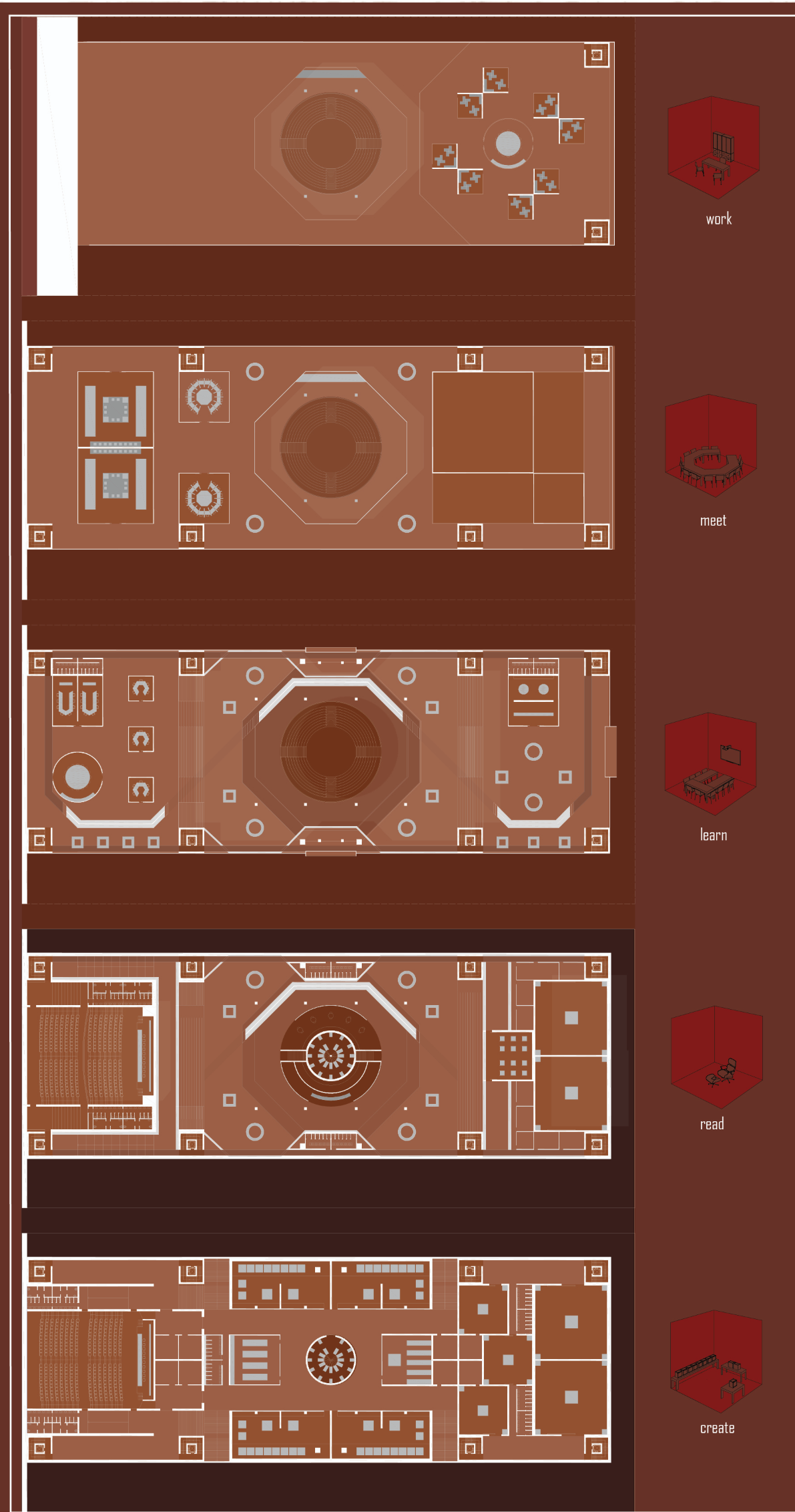 Floor plan drawing set showing five levels with central circular atrium and varying program layouts