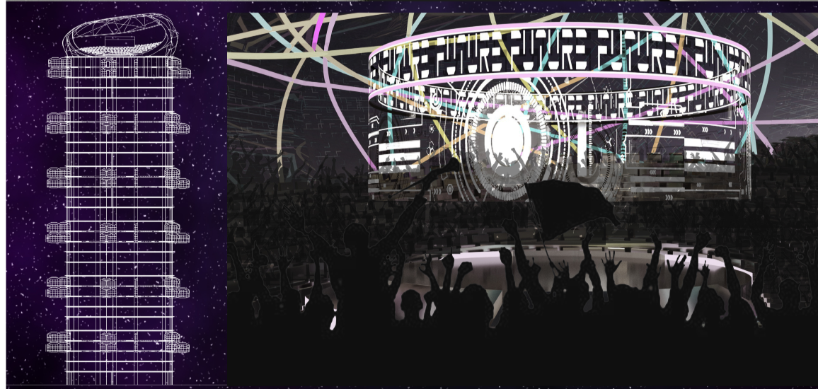A pulsating digital colosseum crowns the tower, hosting global gaming events under a glowing canopy.