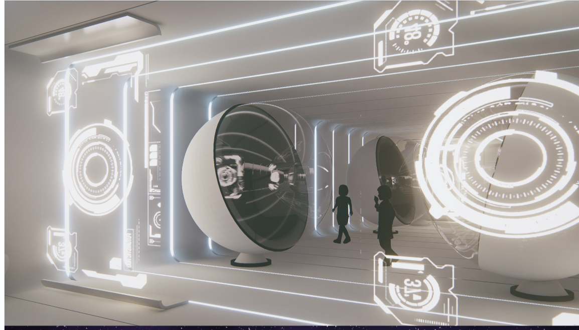 Futuristic pods offer reality-shifting experiences in a corridor of light and data.