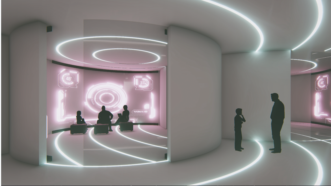 Adaptive spaces blend holographic interfaces and modular design for dynamic engagement.