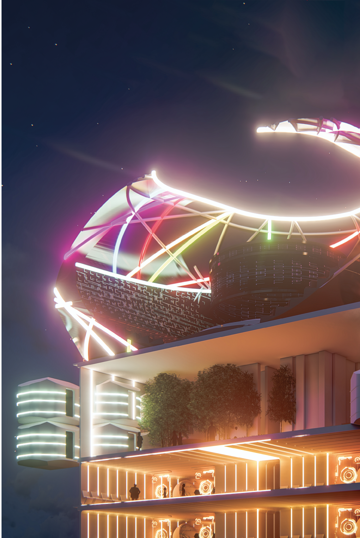  The Beacon of Future Living: A layered tower glows with e-sports, greenery, and next-gen living—adaptive reuse redefined.