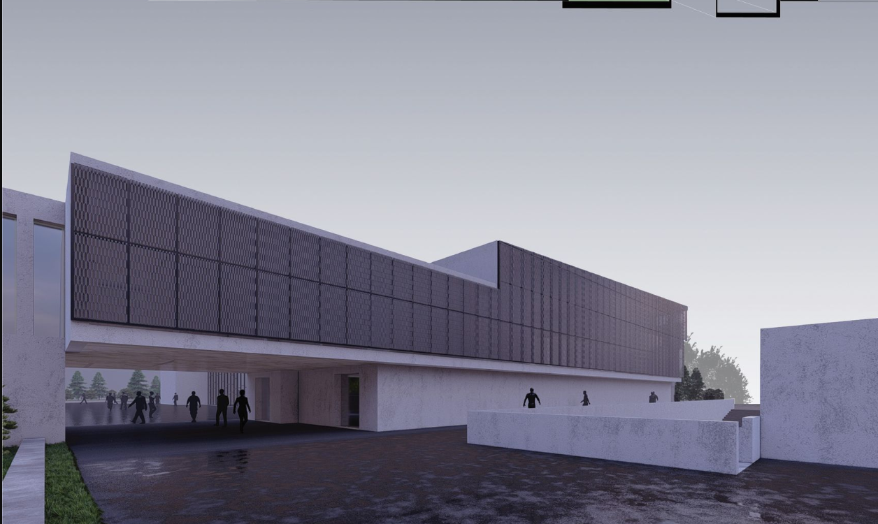 Elevated block with perforated cladding for daylight control and energy efficiency.