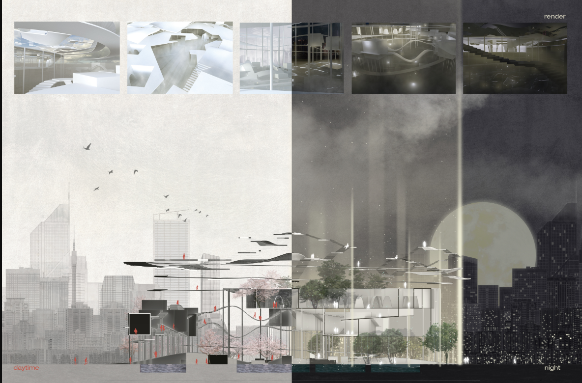 Contrast of day and night: the memorial architecture blends into Shanghai's skyline while glowing with symbolic light after dark.