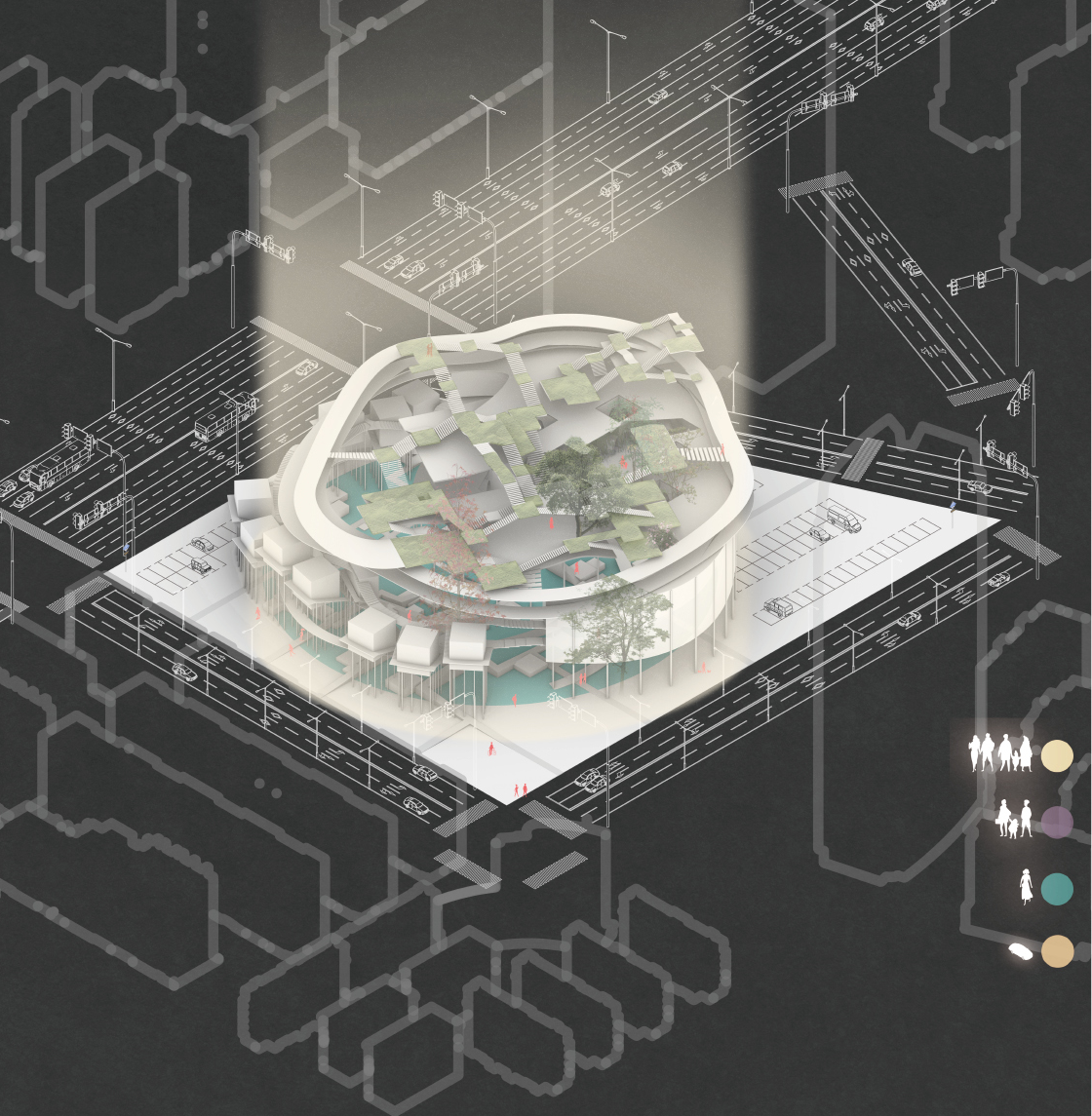 An urban sanctuary: axonometric view reveals layers of green, ritual, and reflection within the city’s active framework.