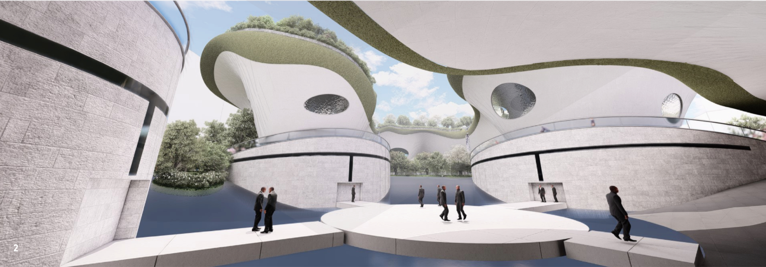 Circular bridges lead across reflective water, linking ritual chambers beneath green-roofed pavilions.