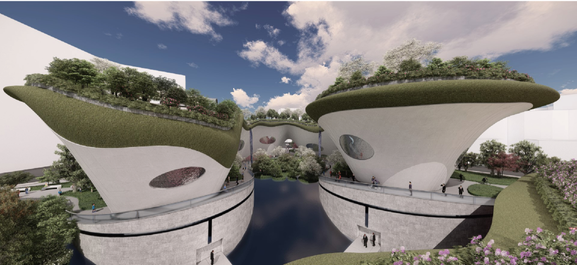 Monumental green-roofed volumes rise above the water, forming the ceremonial core of the complex.