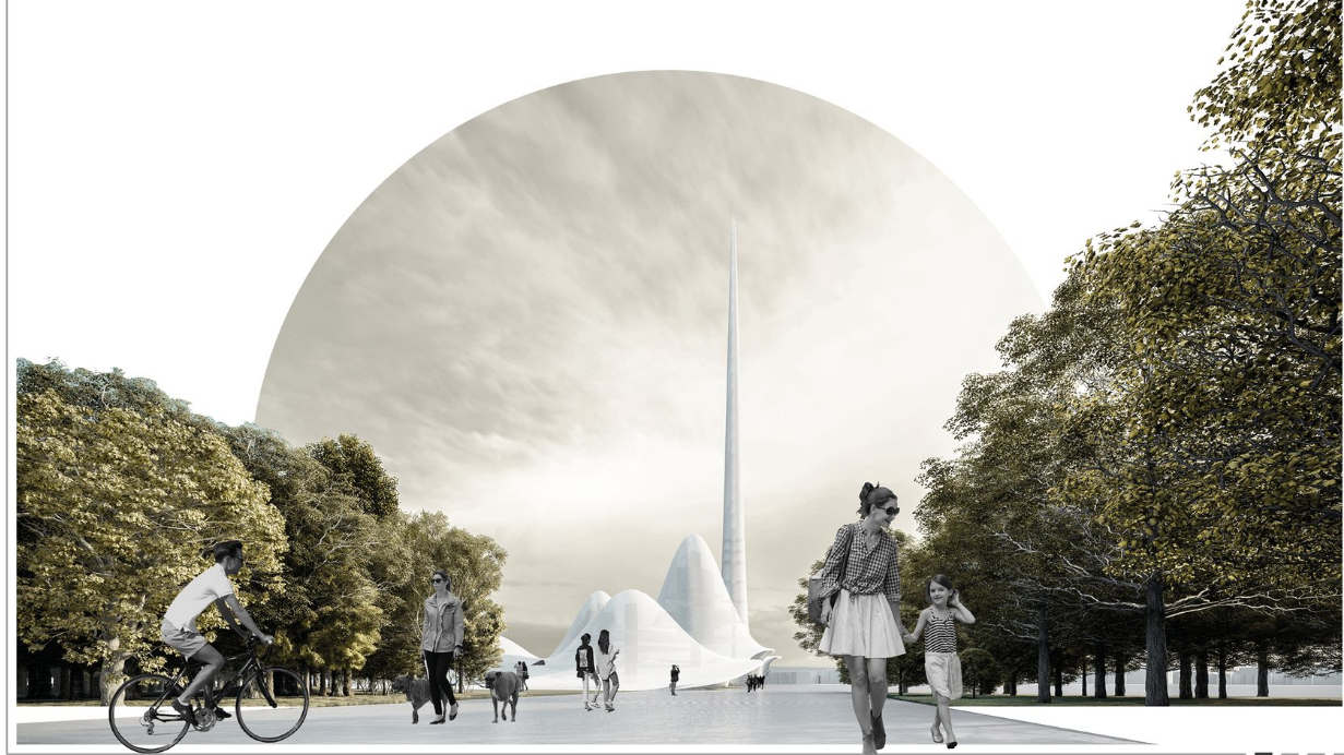 Dome-shaped structure with tall spire set in a park with cyclists and pedestrians