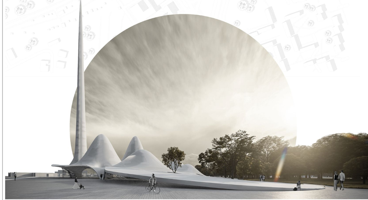 White dome pavilion with conical volumes and slender tower framed by trees in golden hour light