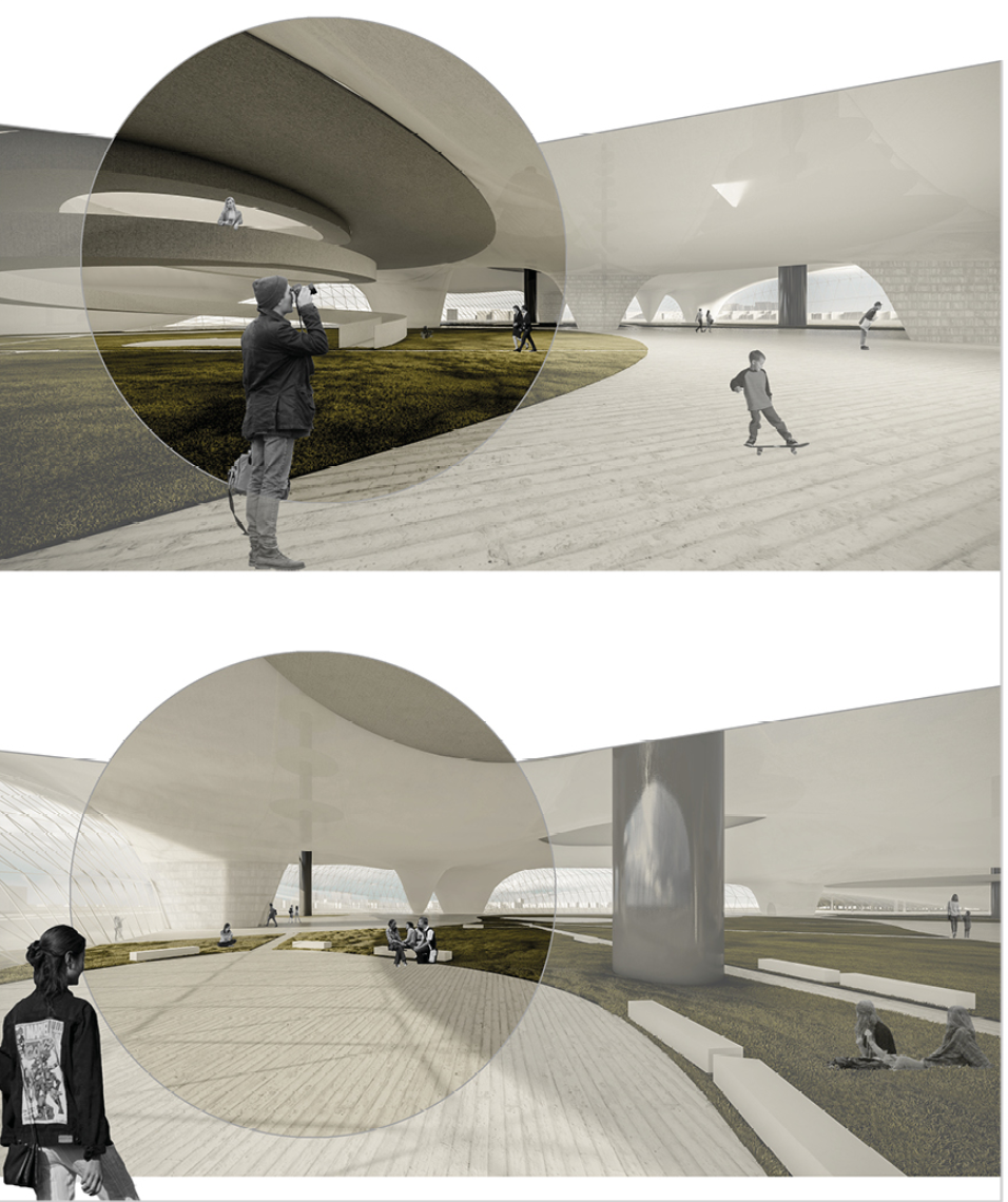 Covered plaza beneath curved canopy roof with planted beds and circular vignette overlays