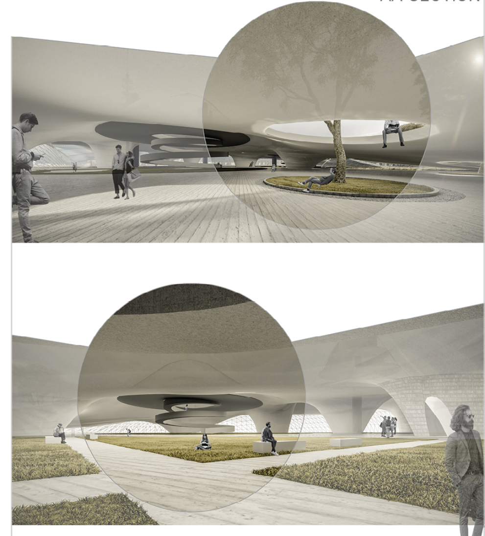 Interior courtyard with circular planters and paved walkways under sweeping shell-like ceiling