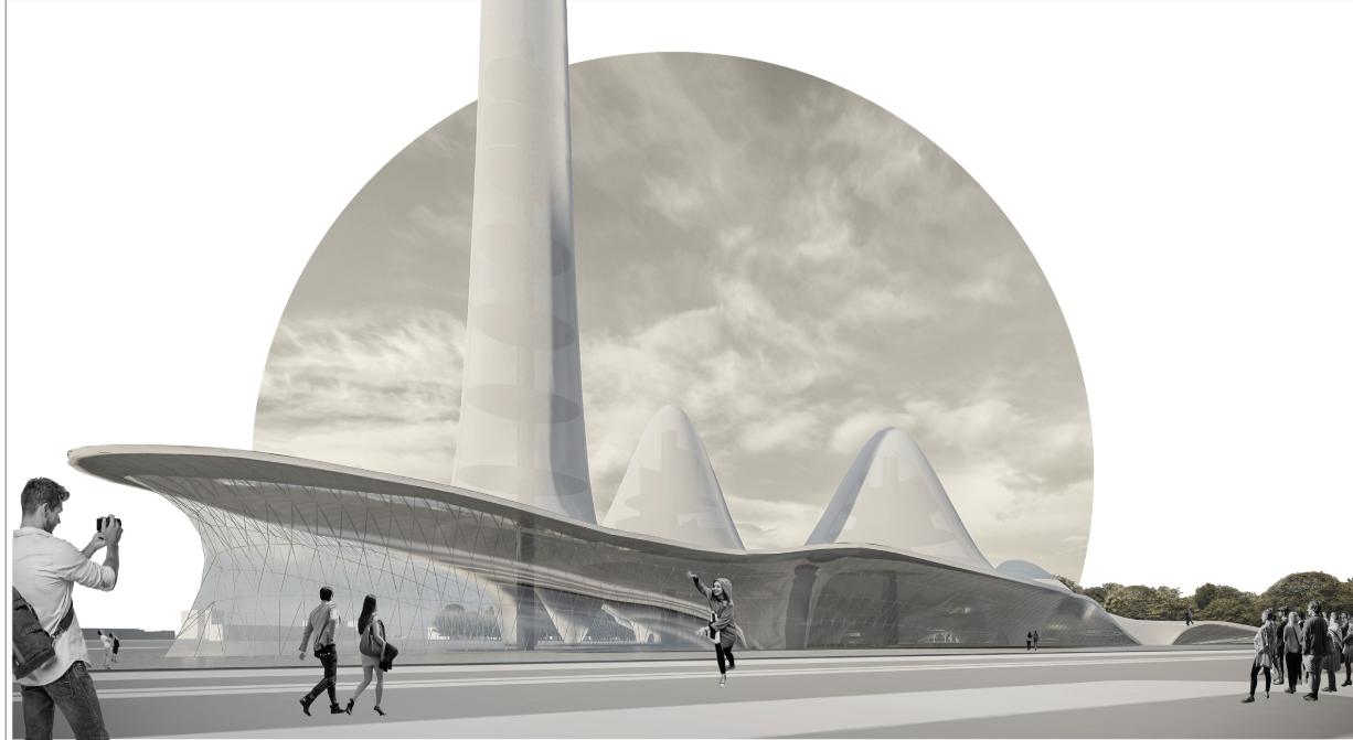 Glass-clad curved facade with white dome and tapering tower under cloudy sky