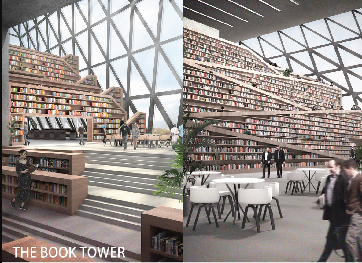 Expansive, terraced bookshelves turn reading into a collective and spatial experience at the heart of the library.