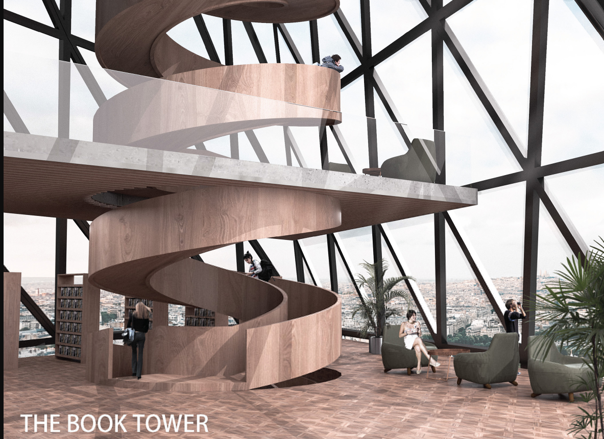 A sculptural spiral staircase connects quiet zones with panoramic city views, fostering reflection and interaction.