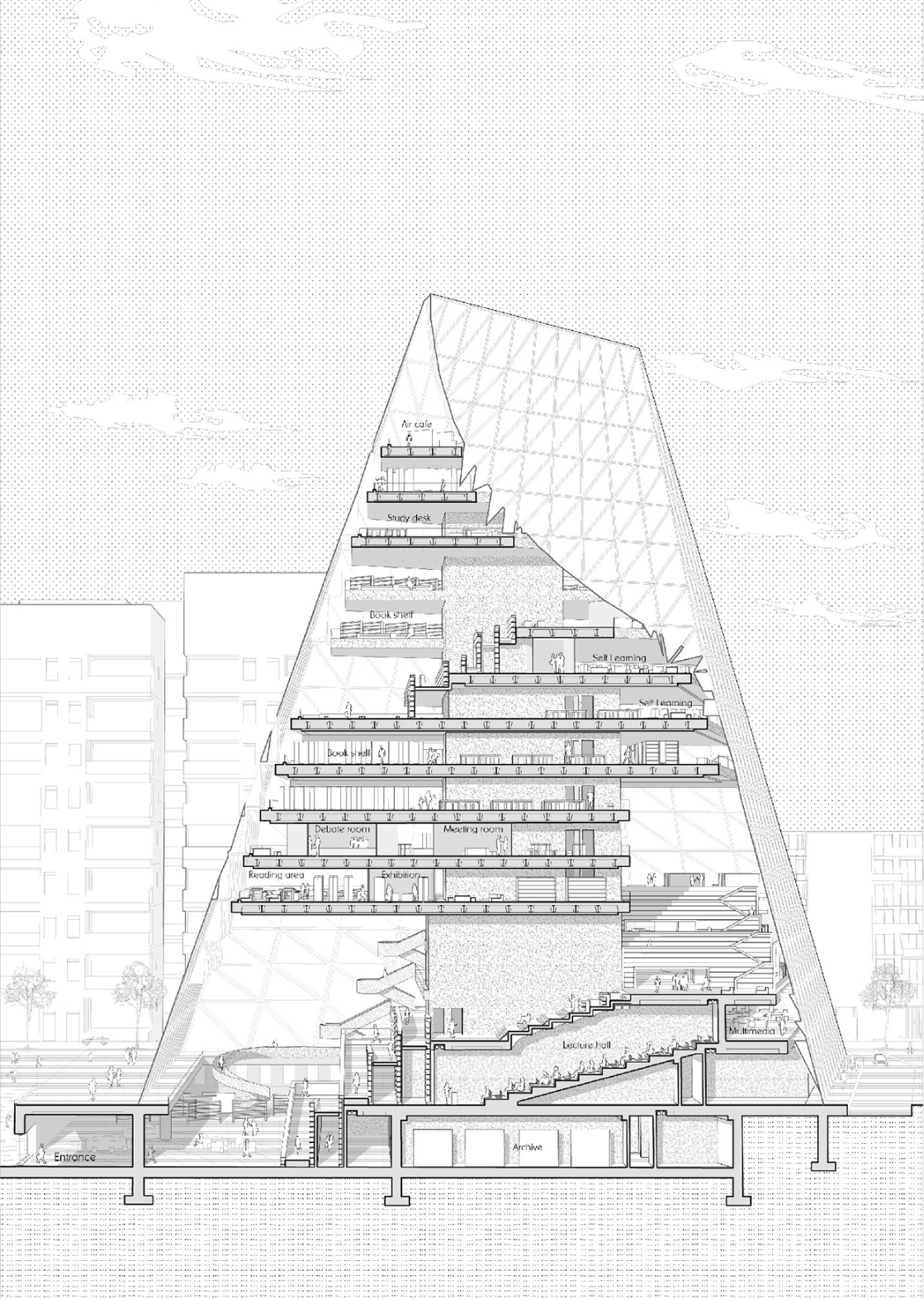 Sectional perspective reveals layered programs—self-learning, discussion, and creation—all vertically integrated.