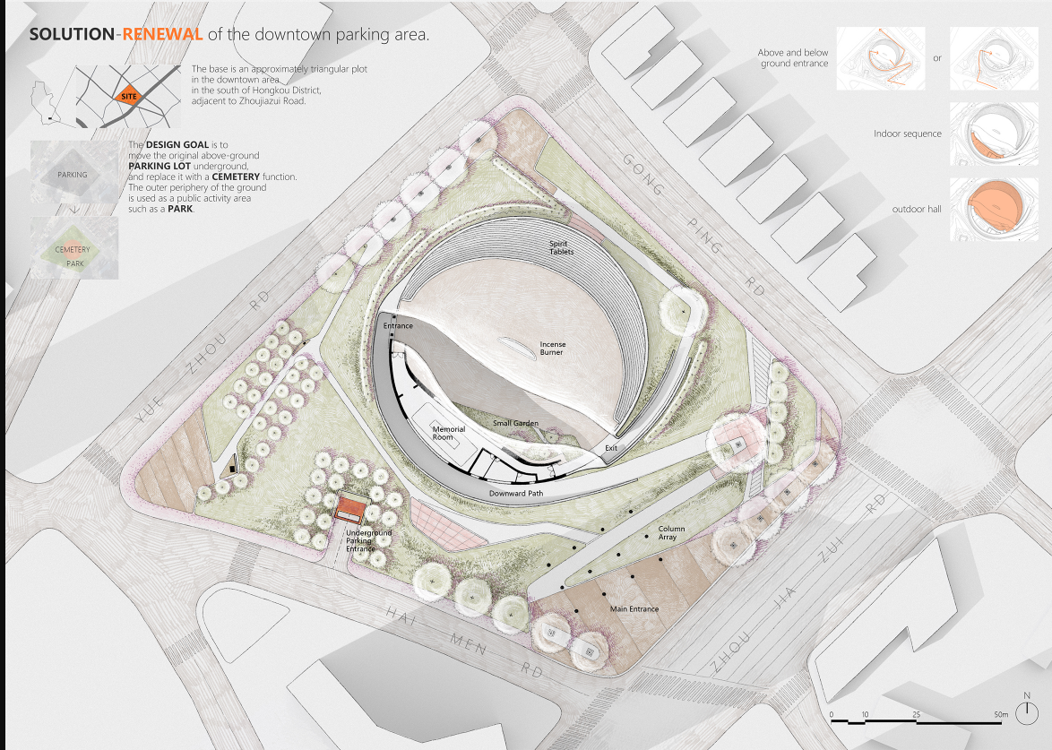 A downtown parking lot is transformed into a hybrid cemetery and public park.