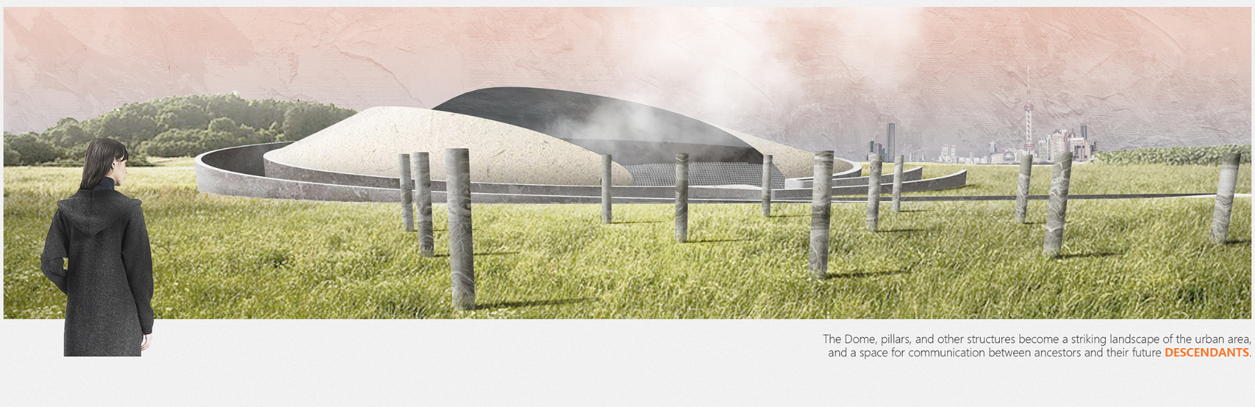 The dome and pillars form a symbolic, sacred horizon within the city.