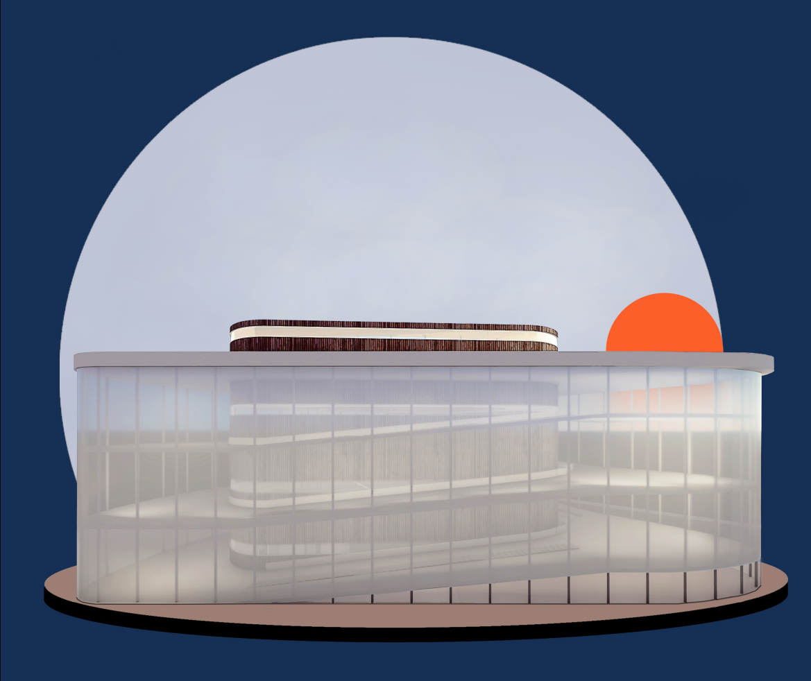 Physical model of the oval translucent facade with a rooftop dome and orange sphere against a moon backdrop