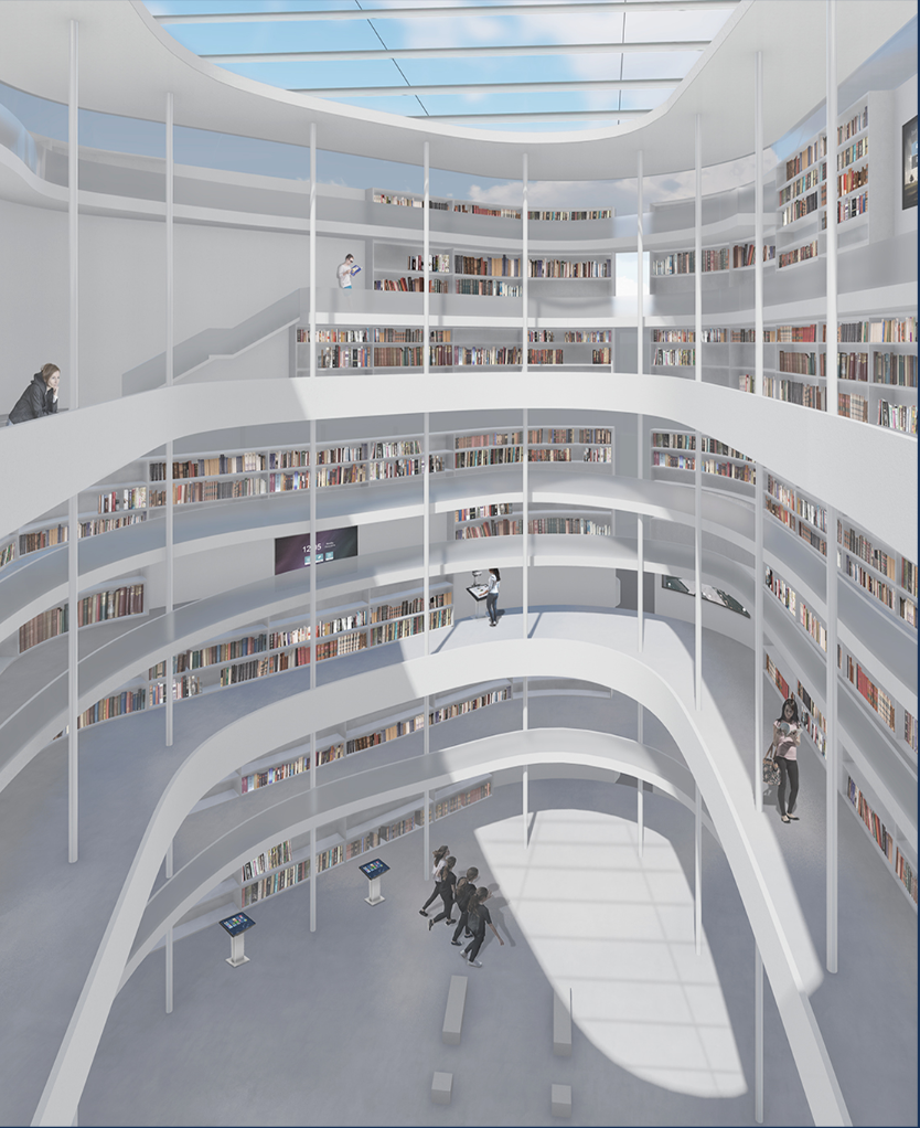 Interior view of the spiraling white bookshelves rising through the circular atrium with visitors on each level