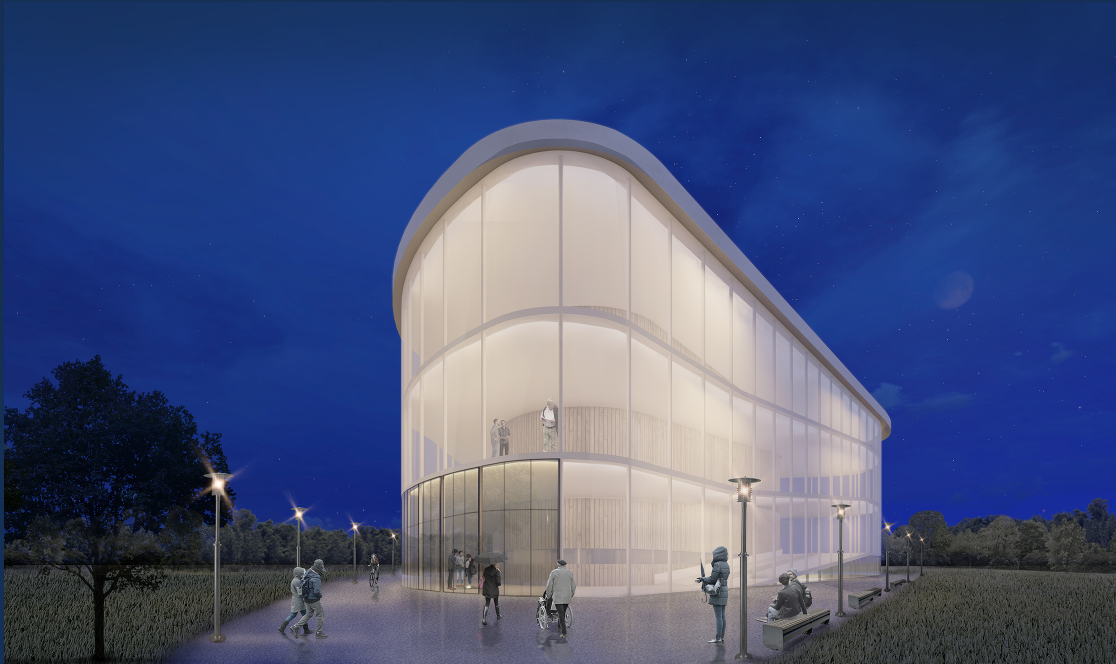Evening view of the illuminated translucent facade with pedestrians and cyclists gathering outside