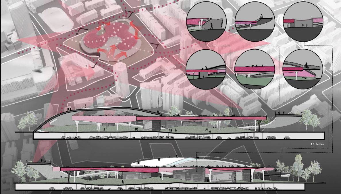 Layered design revealing the functional integration of ground-level activity, parking, and elevated contemplation.