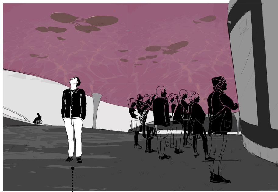 Visitors engage with immersive memorial installations beneath the saltwater canopy, blending ritual with reflection.