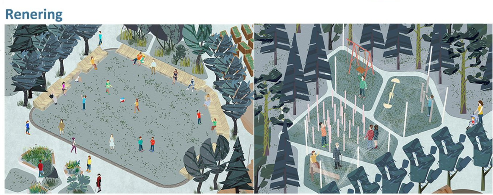 A sunken square and children’s play zone encourage shared outdoor activities and social interaction.