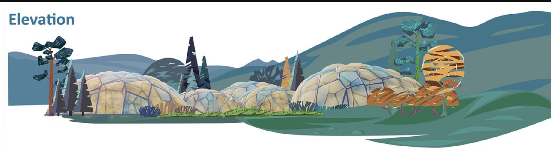 Dome-shaped greenhouses blend with the landscape, offering year-round biophilic environments.