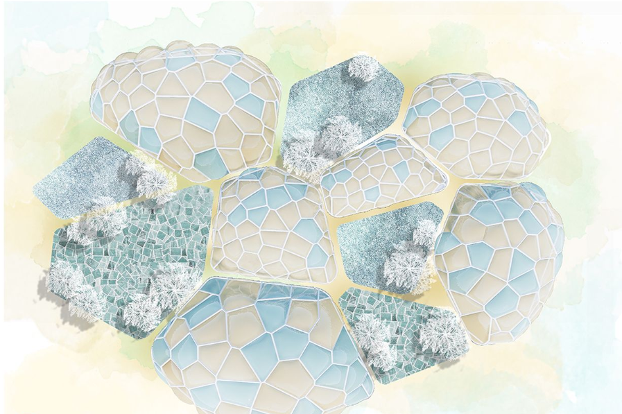 Aerial view of the greenhouse modules nestled in nature, connected by pathways and trees.