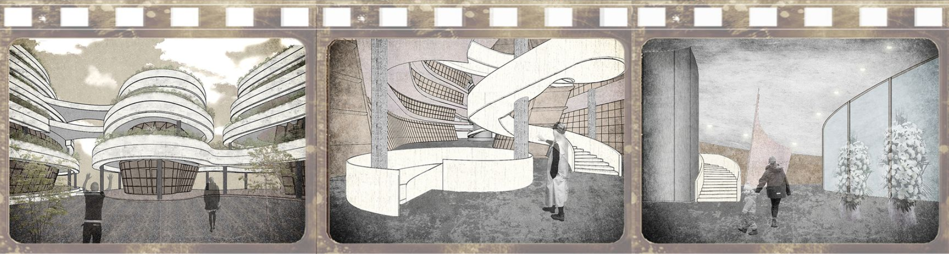 Visitors spiral downward through flowing forms, transitioning from life into remembrance.