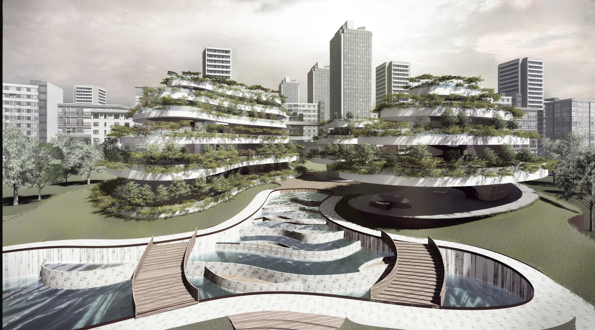 A series of terraces and flowing water features symbolize life’s continuity in a memorial landscape.