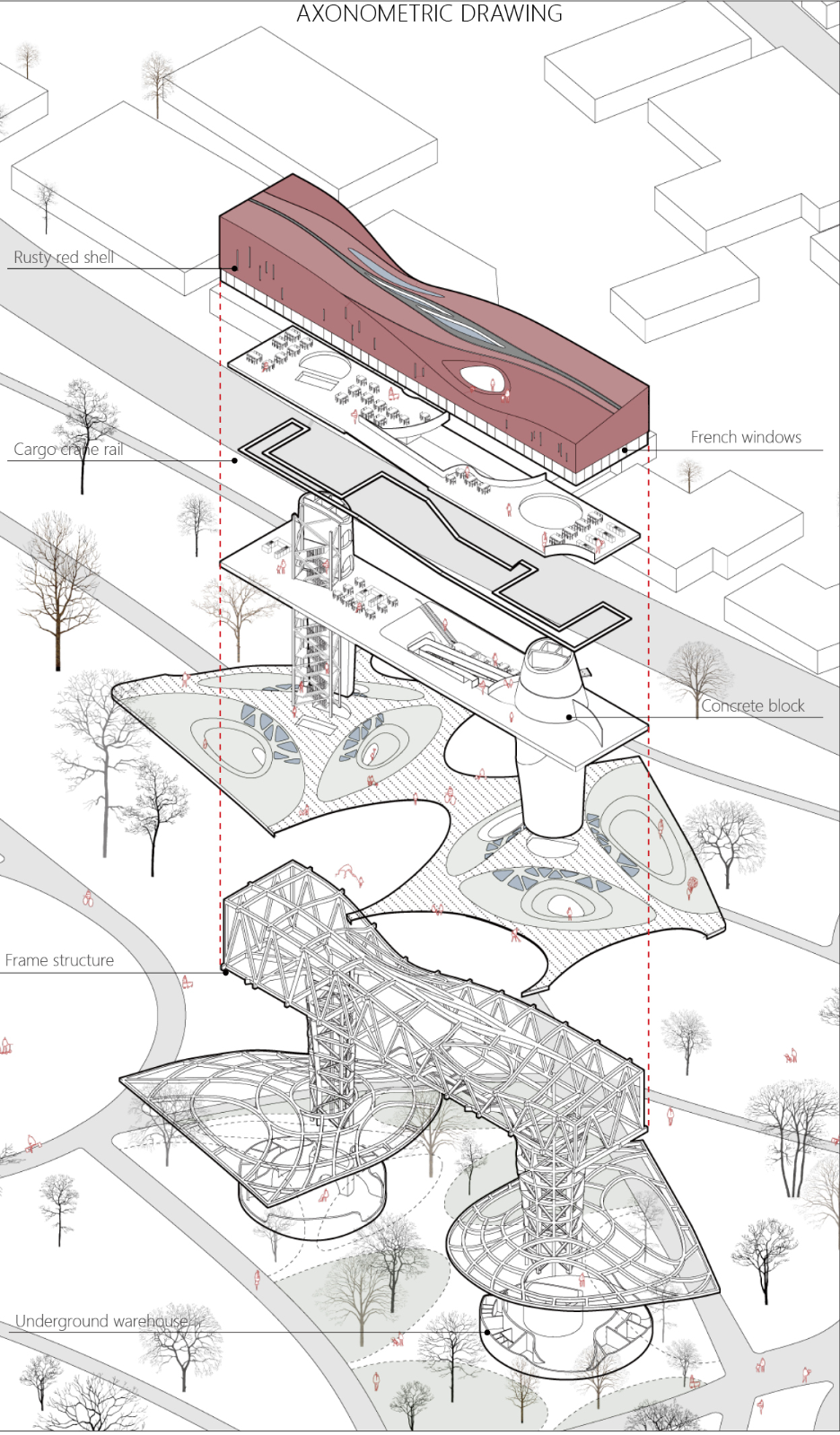 Exploded axonometric view reveals the layered design strategy, integrating structural innovation with senior-friendly accessibility.