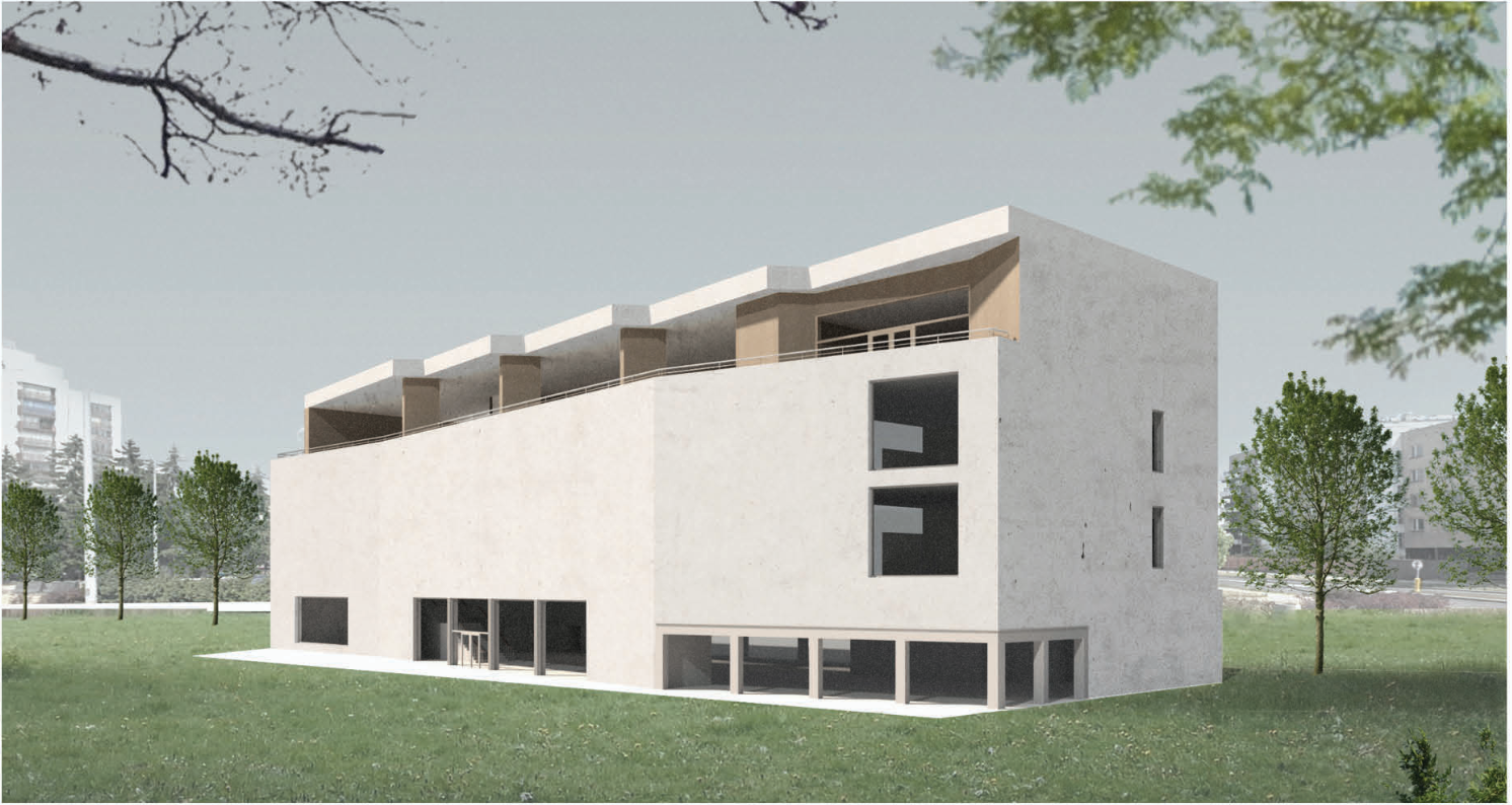 Minimalist façade showcasing the clean geometry and serene materiality of the Ligben Library.