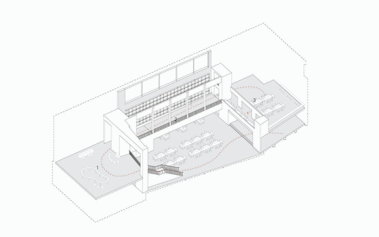 Exploded view revealing the spatial relationship between public, private, and interactive study zones.