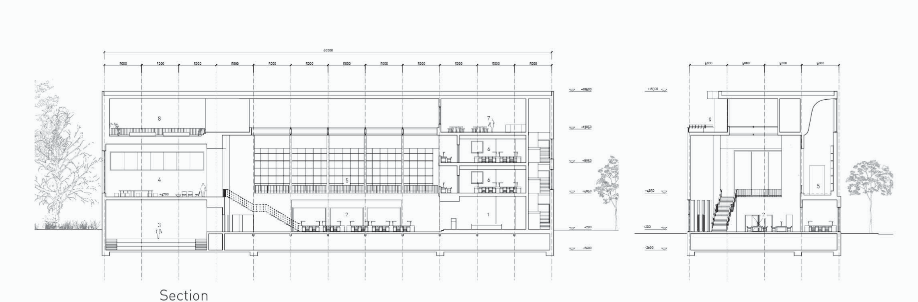 Detailed sectional cut highlighting spatial hierarchy and integration of learning environments.