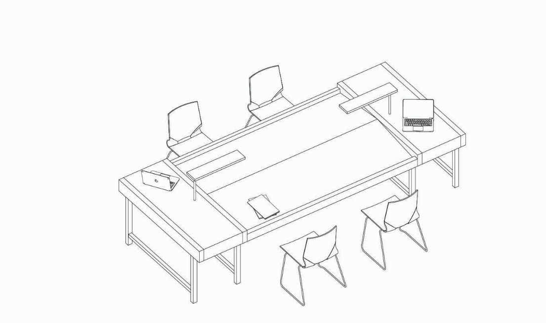 Custom-designed communal desk that supports posture and peer interaction.