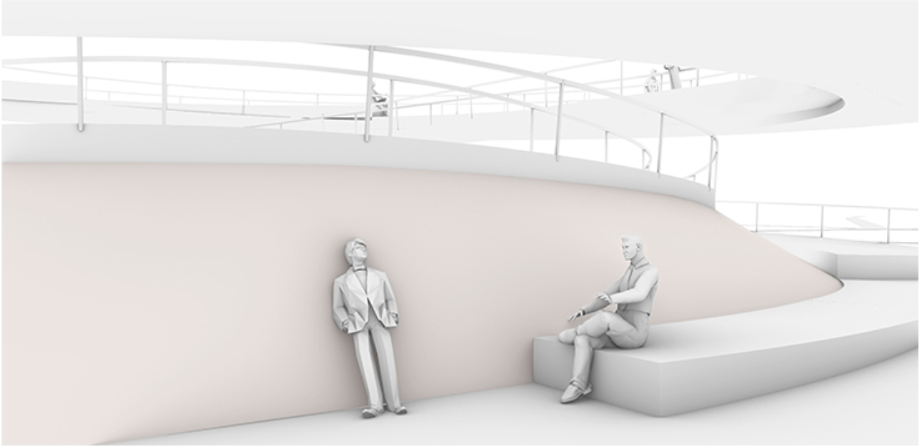 Subtle design details offer places to lean, rest, and converse comfortably.