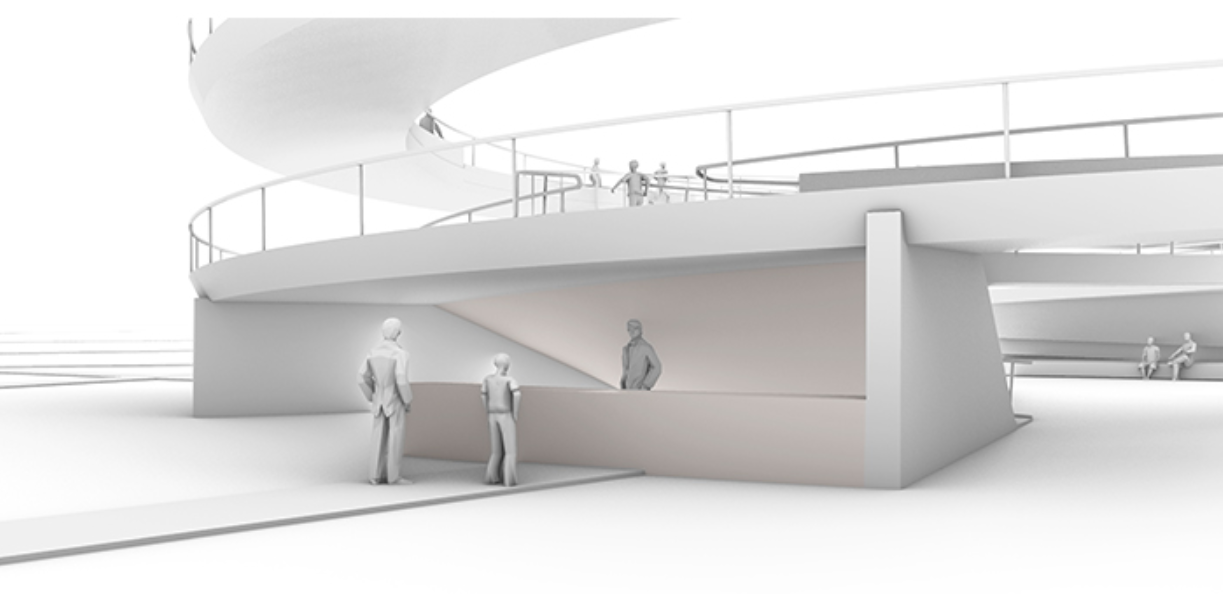 Functional spaces beneath ramps activate circulation and invite use.